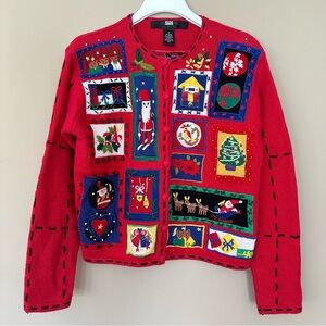 Vintage Women S Christmas Red Patchwork Cardigan Sweater Segue Embroidered Fun